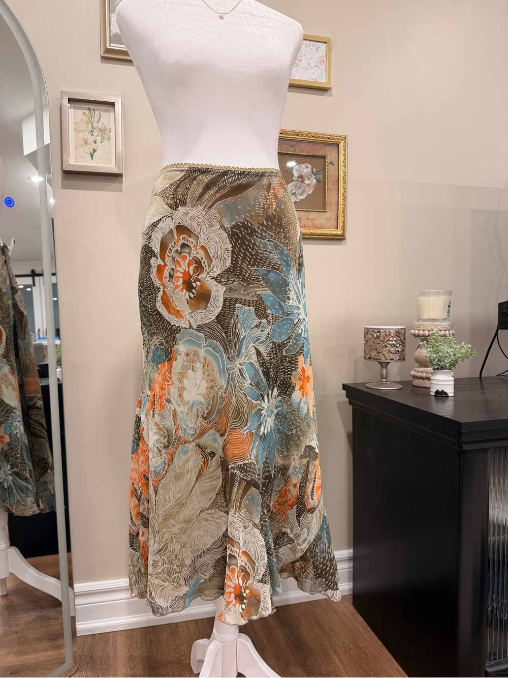 Daniel Laurent Floral Maxi Skirt in Olive, Blue & Orange